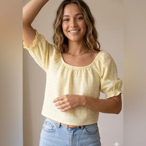 RW&CO Yellow Gingham Puff Sleeve Linen Blend Blouse Size Small
